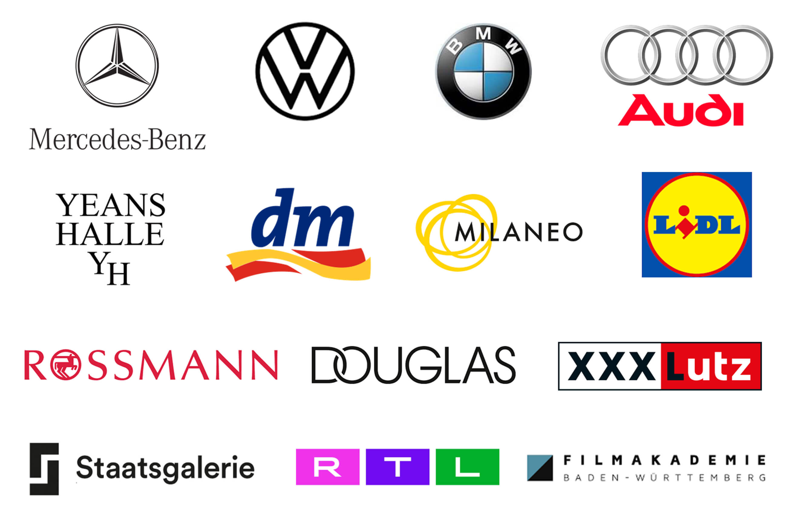 Logos der PITTSBALLOON Kunden: Deutsche Automarken, Drogeriemärkte, RTL